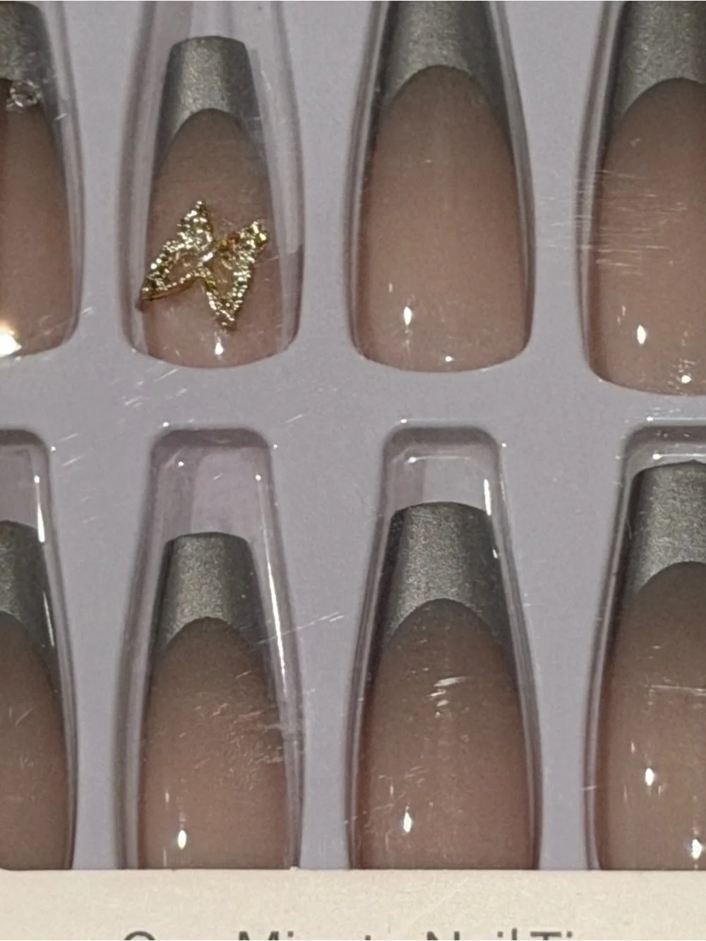 Silver French Tip Butterfly Press On Nails | Glam Nude Coffin Nails Y2K
